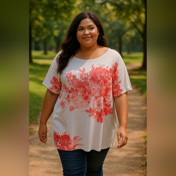 Claire France Knit Top Floral Roses White  Pink Salmon 2X NWT - Picture 1 of 8